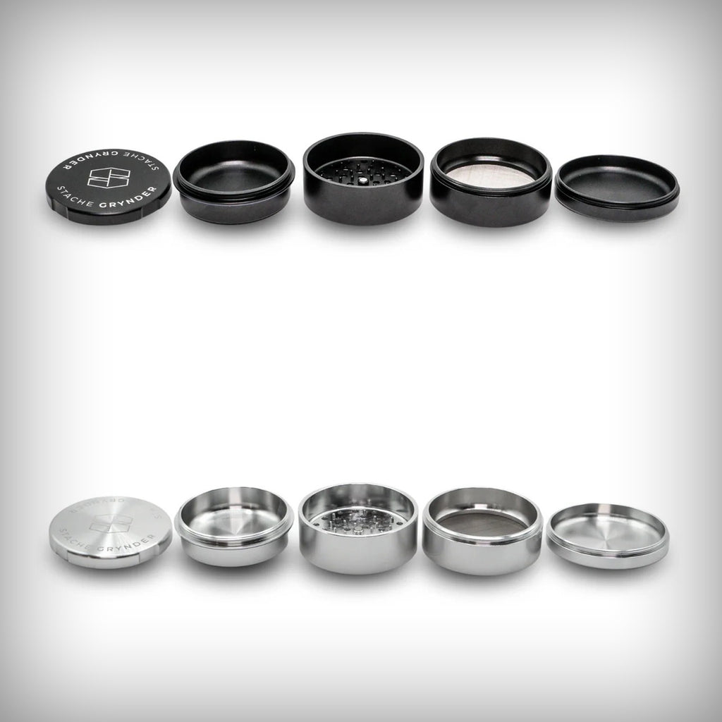 Stache Grynder 5-piece grinders disassembled in black and silver