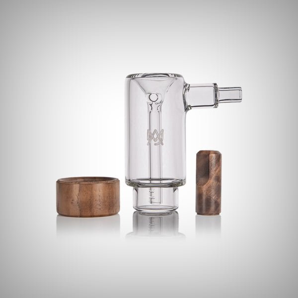 Steamboat Bubbler disassembled view showing glass body and black walnut components