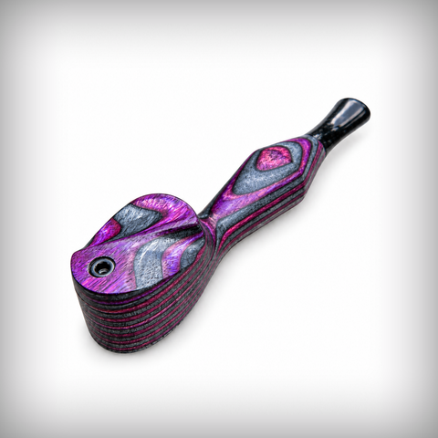 The Mill wooden pipe with swivel lid in purple and black Rainbow Wood, angled view