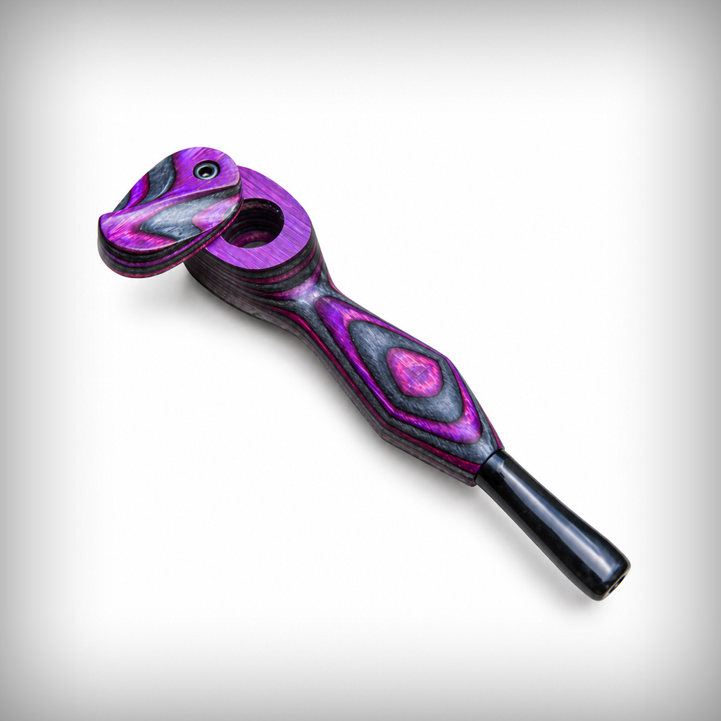 The Mill wooden pipe with swivel lid in purple and black Rainbow Wood, side view