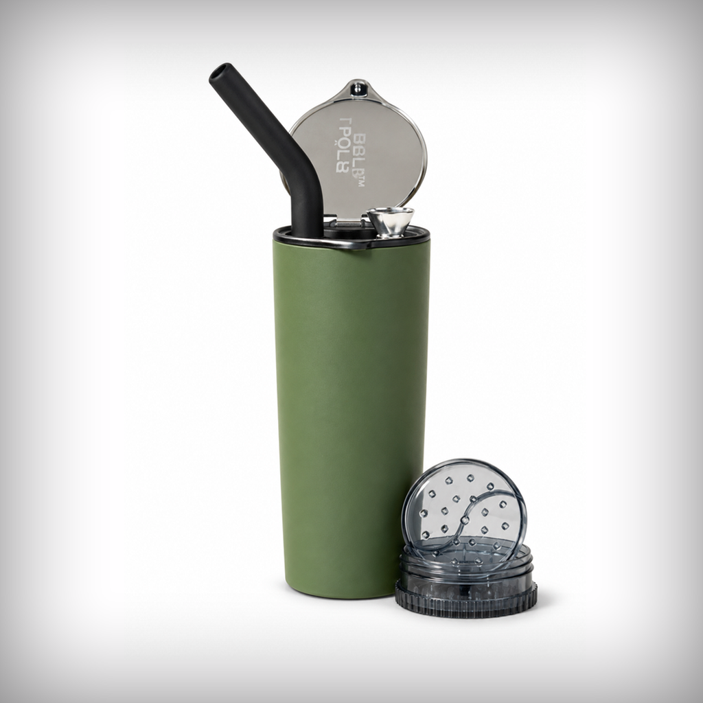 The Shield by Polar Blast OD Green tumbler with lid assembly and grinder base