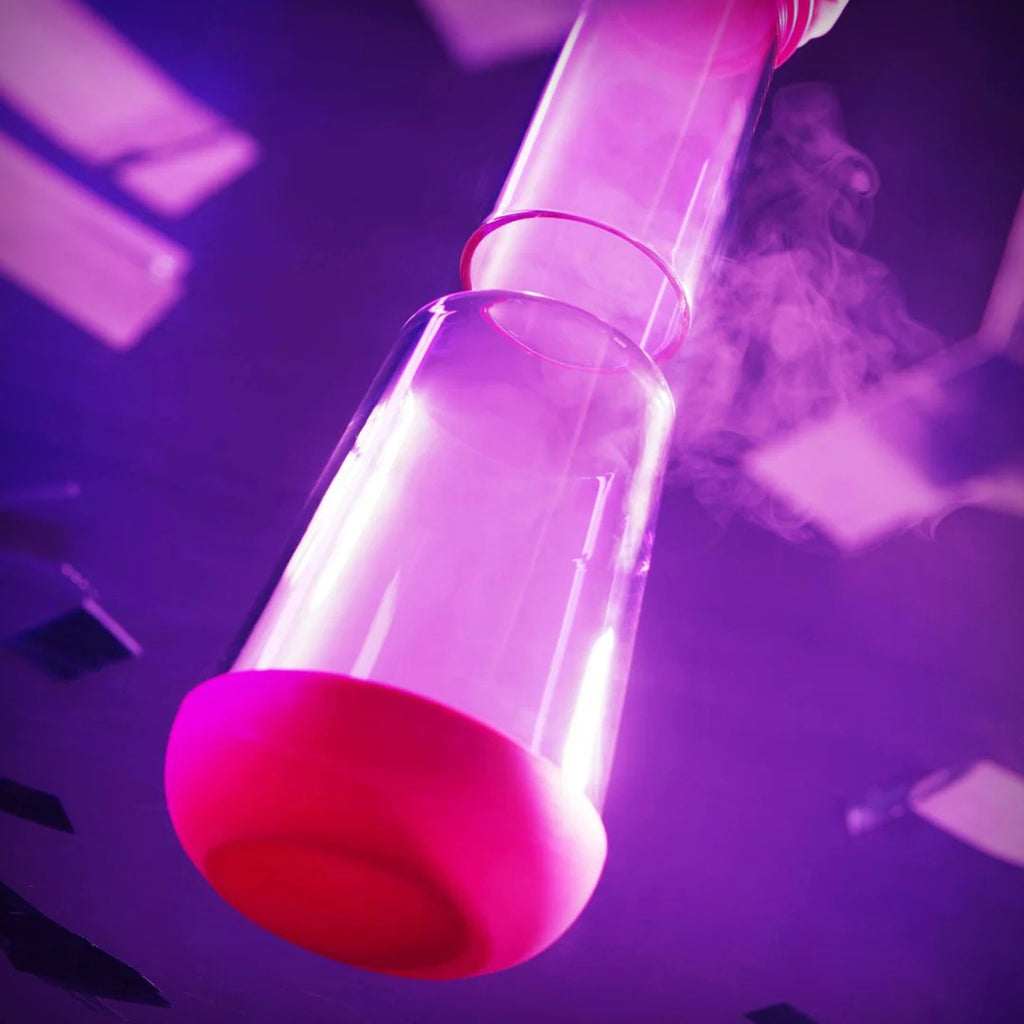 Weday Hot Pink Gravity Bong shown in a purple-lit lifestyle scene