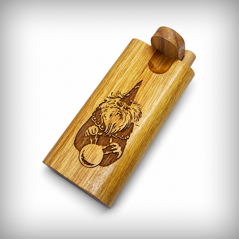 Wooden one-hitter dugout with Wizard design, angled front view