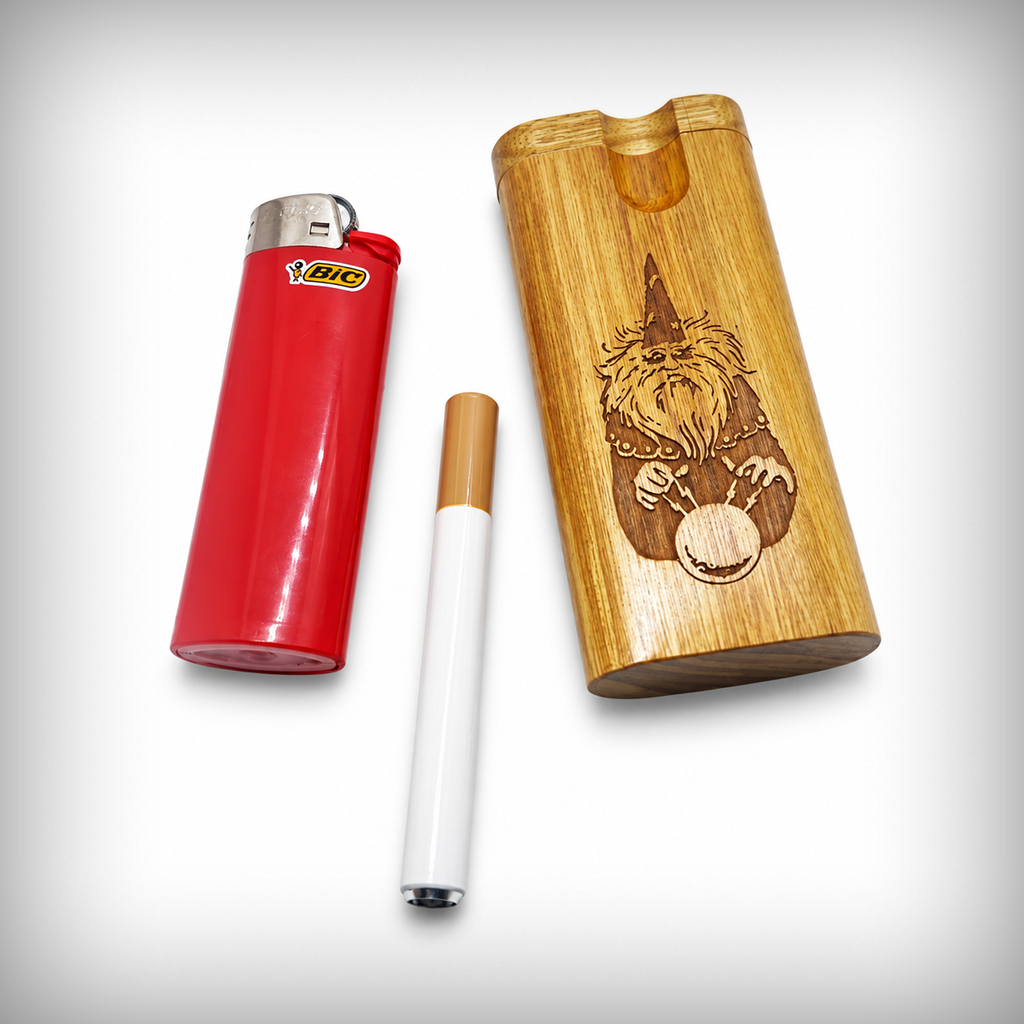 Wooden one-hitter dugout with lighter and one-hitter for size comparison