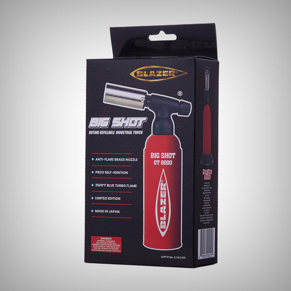 Blazer Big Shot GT 8000 retail packaging showing torch illustration and product features
