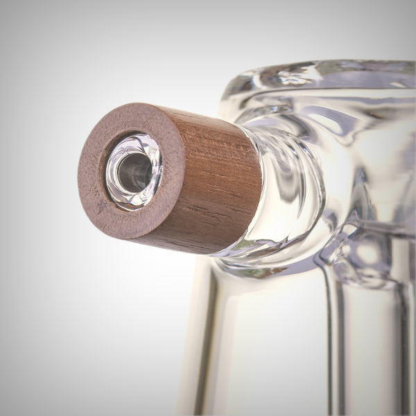 Compact glass water pipe with walnut accents and 16mm bowl
