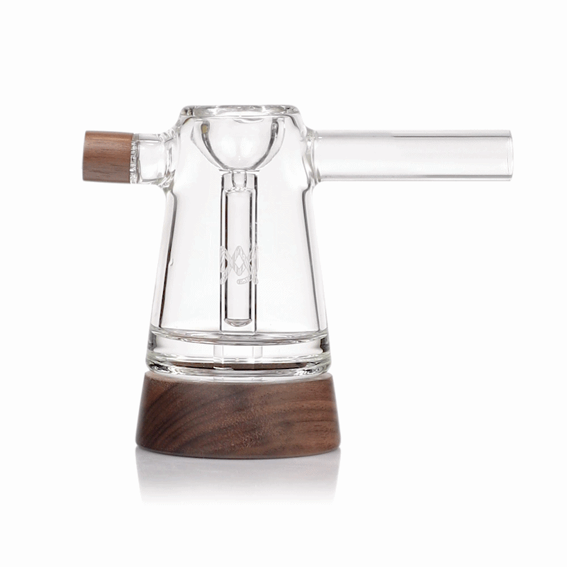 Mesa bubbler close-up showing premium glass and wood craftsmanship