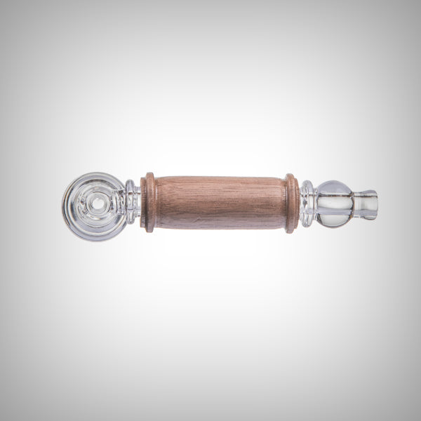 Glass hand pipe featuring lathed black walnut accents