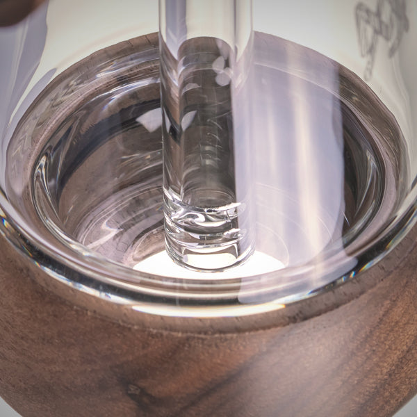 Small glass bubbler with handcrafted black walnut details and front carb
