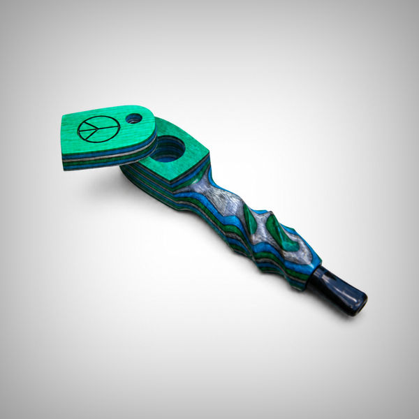 Peace sign wood pipe with carved shank and layered color pattern