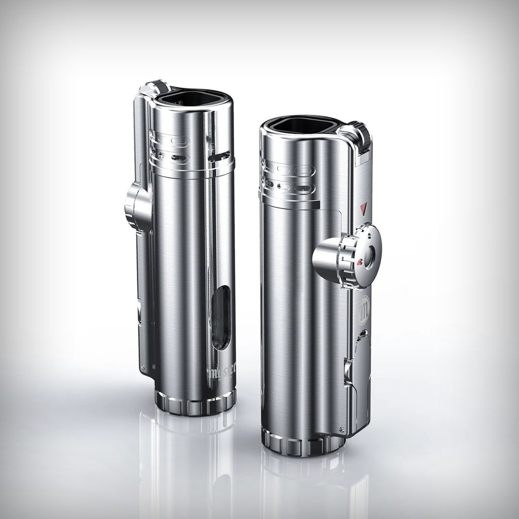 two Myster SABR Torch Lighters standing upright showing different sides