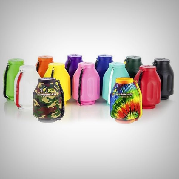 Assorted Smokebuddy Original Personal Air Filter colors and graphic designs