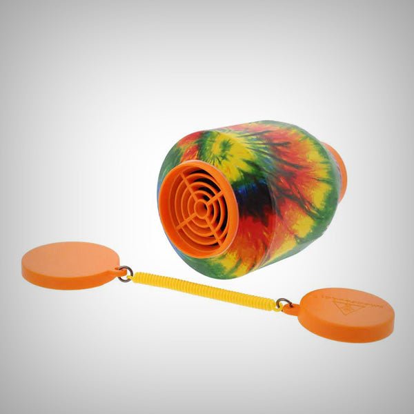 Tie-dye Smokebuddy Original on its side with orange travel caps
