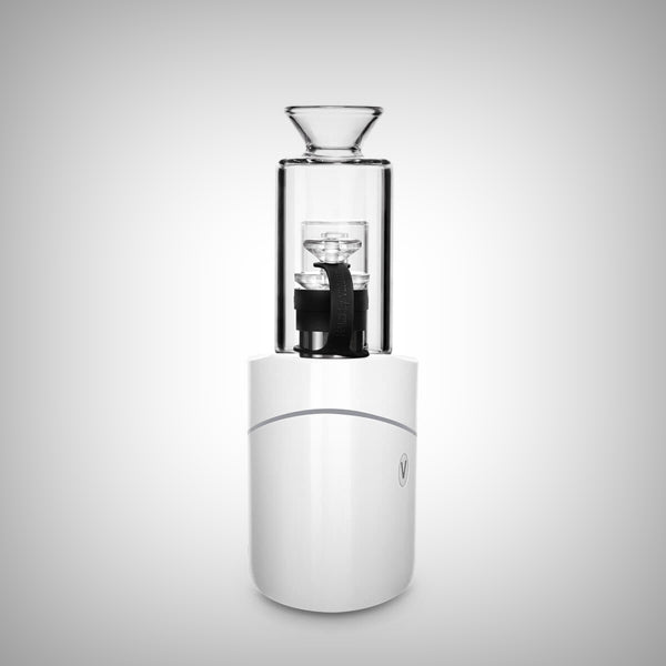 White VLAB Halo V2 Smart E-Rig angled view with glass water bubbler and VLAB button