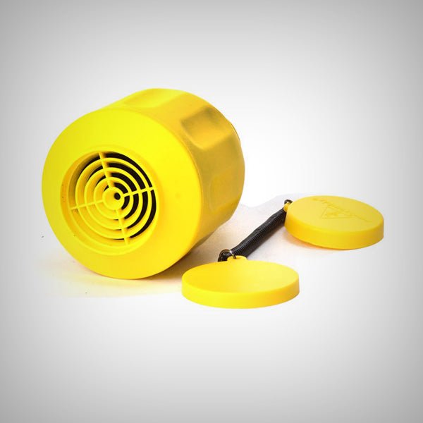 Yellow Smokebuddy Original on its side with yellow travel caps