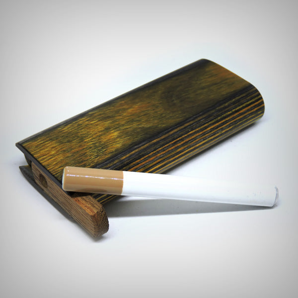 The Mill wooden dugout closed from an angled front view with striped wood sides