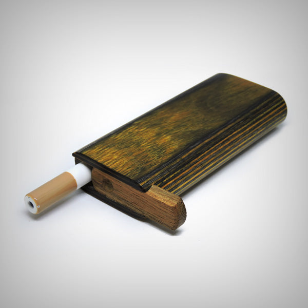 The Mill wood dugout standing upright with sliding top open and one hitter stored inside